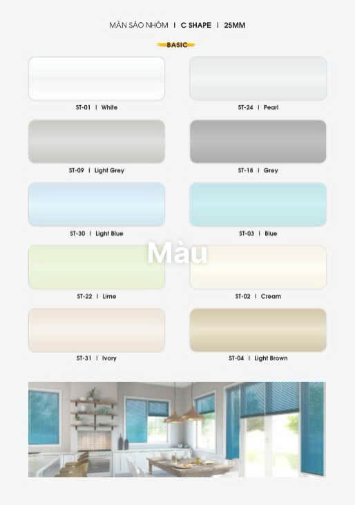 Màn Sáo Nhôm C Shape 25mm 2 Màu cơ bản